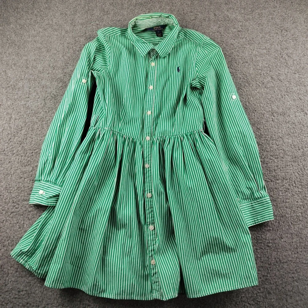 Polo Ralph Lauren Girls Green White Striped Button Down Shirt Dress Size 12